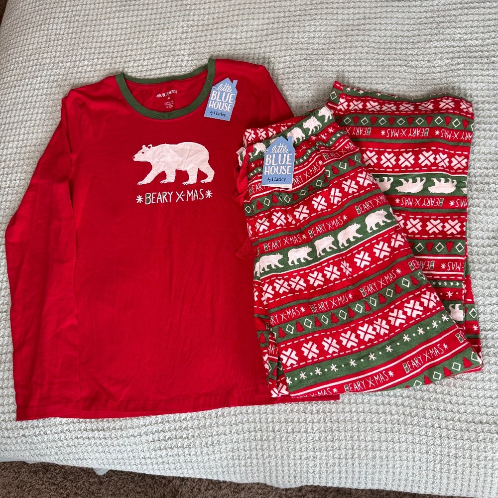 NWT Little Blue House Hatley Christmas Pajama Set Womens Large Beary X-mas Red